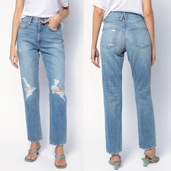 SLVRLAKE Virginia Slim Jeans Rolling Waters Blue High Waist Distressed Size 26 - Picture 1 of 10